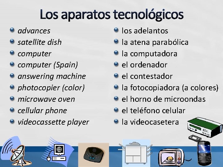 Los aparatos tecnológicos advances satellite dish computer (Spain) answering machine photocopier (color) microwave oven