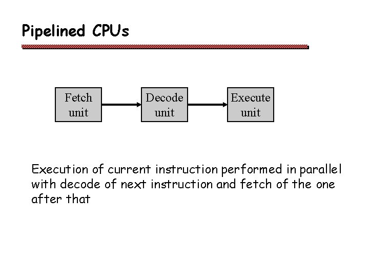 Pipelined CPUs Fetch unit Decode unit Execution of current instruction performed in parallel with Pipelined CPUs Fetch unit Decode unit Execution of current instruction performed in parallel with