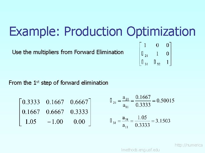 Example: Production Optimization Use the multipliers from Forward Elimination From the 1 st step