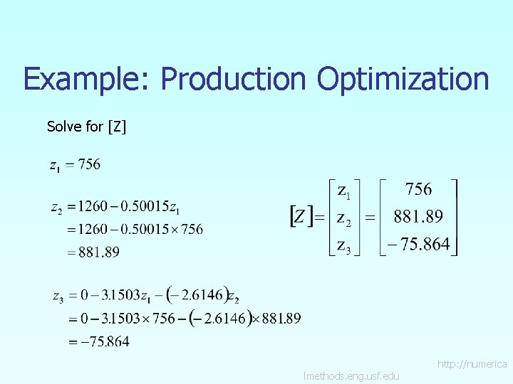 Example: Production Optimization Solve for [Z] lmethods. eng. usf. edu http: //numerica 