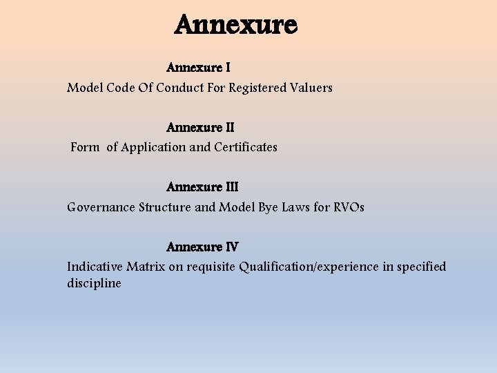 Annexure I Model Code Of Conduct For Registered Valuers Annexure II Form of Application