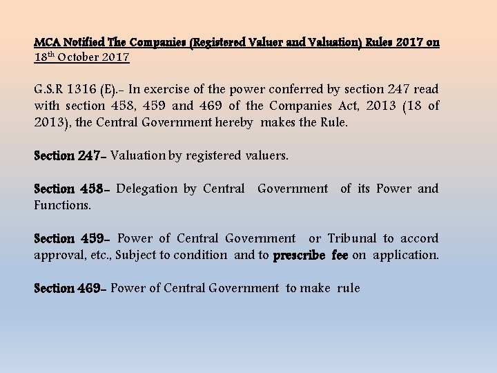 MCA Notified The Companies (Registered Valuer and Valuation) Rules 2017 on 18 th October