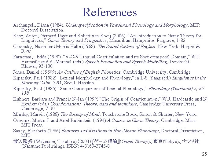 References Archangeli, Diana (1984). Underspecification in Yawelmani Phonology and Morphology, MIT: Doctoral Dissertation. Benz,