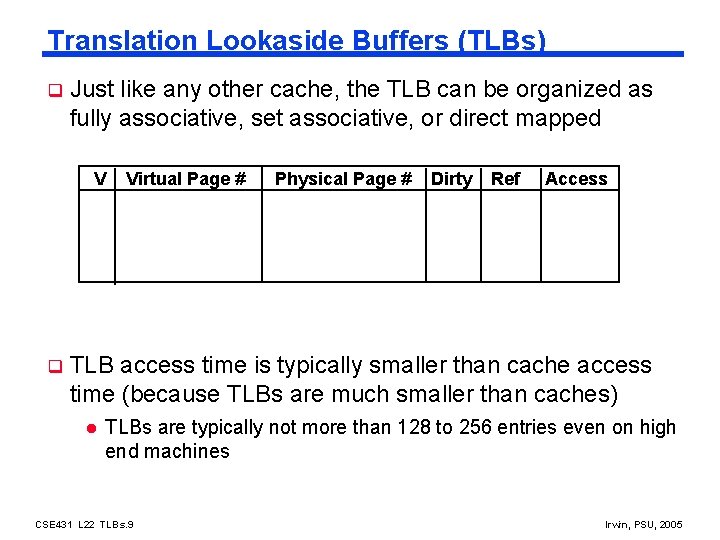 Translation Lookaside Buffers (TLBs) q Just like any other cache, the TLB can be