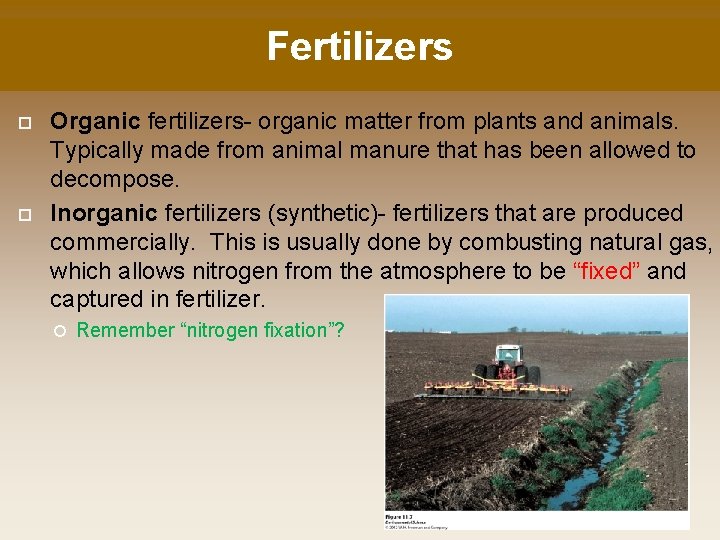 Fertilizers Organic fertilizers- organic matter from plants and animals. Typically made from animal manure