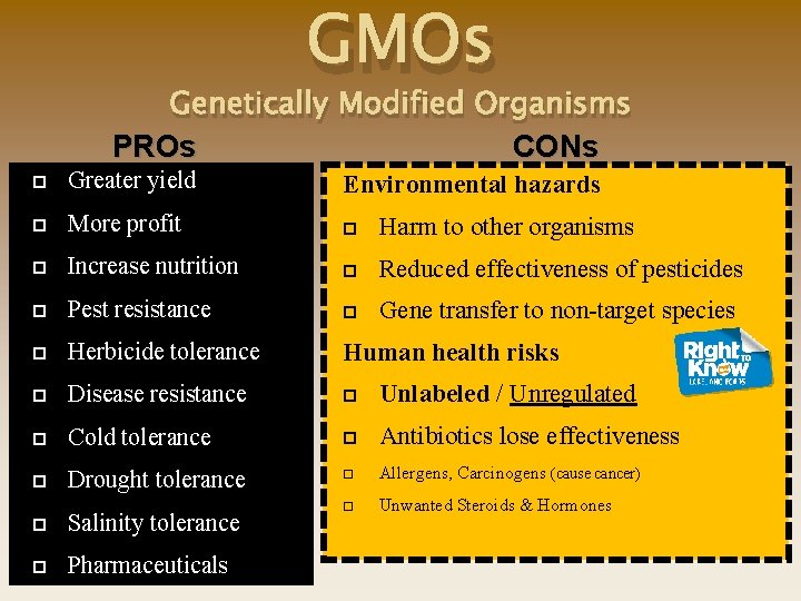 GMOs Genetically Modified Organisms CONs PROs Greater yield Environmental hazards More profit Harm to