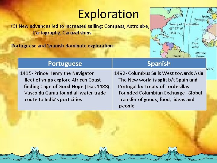 Exploration (3) New advances led to increased sailing: Compass, Astrolabe, Cartography, Caravel ships Portuguese Exploration (3) New advances led to increased sailing: Compass, Astrolabe, Cartography, Caravel ships Portuguese