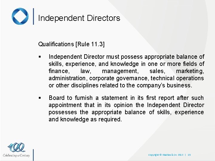 Independent Directors Qualifications [Rule 11. 3] § Independent Director must possess appropriate balance of