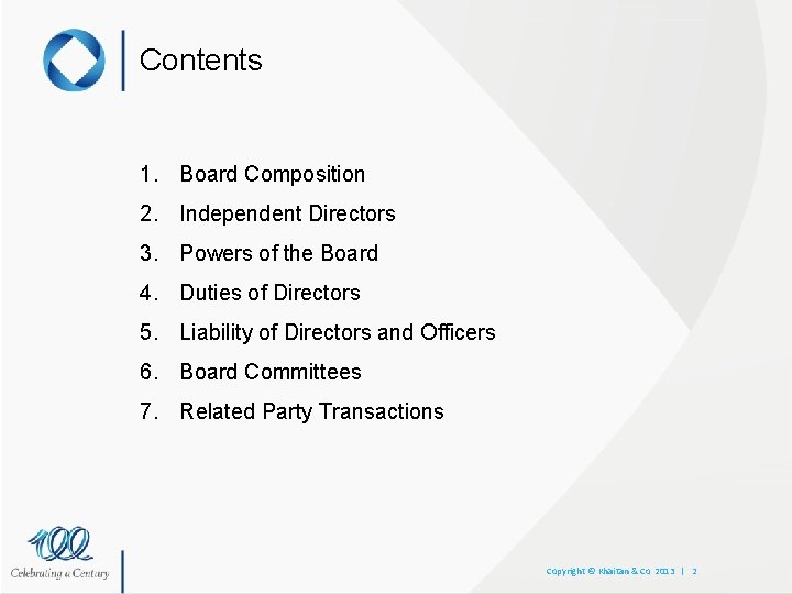 Contents 1. Board Composition 2. Independent Directors 3. Powers of the Board 4. Duties