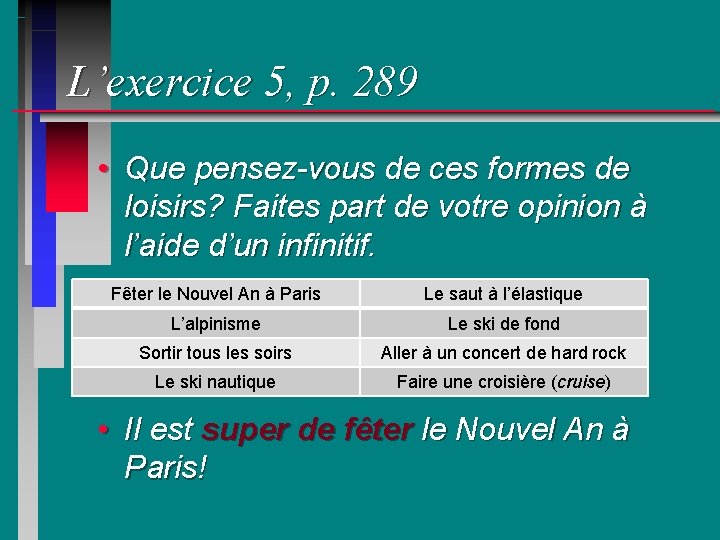 L’exercice 5, p. 289 • Que pensez-vous de ces formes de loisirs? Faites part
