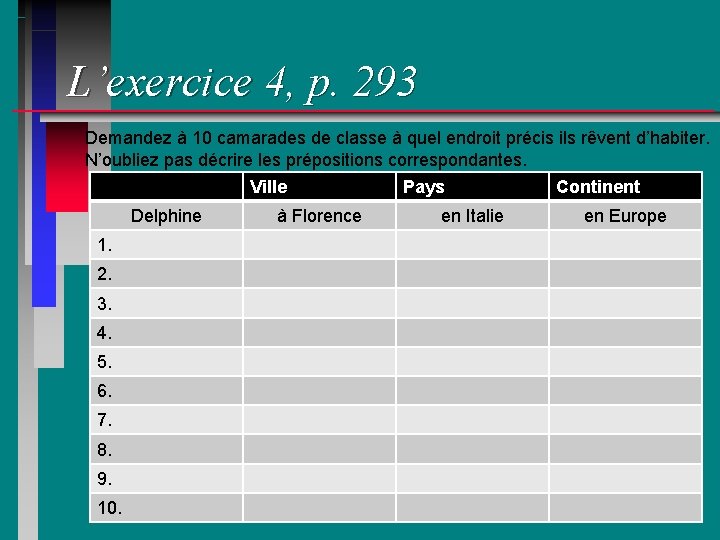 L’exercice 4, p. 293 Demandez à 10 camarades de classe à quel endroit précis