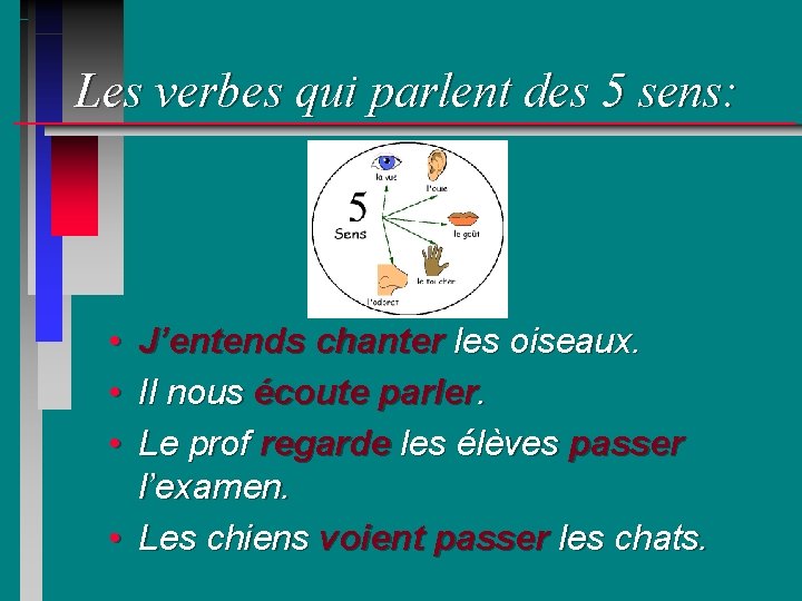 Les verbes qui parlent des 5 sens: • • • J’entends chanter les oiseaux.