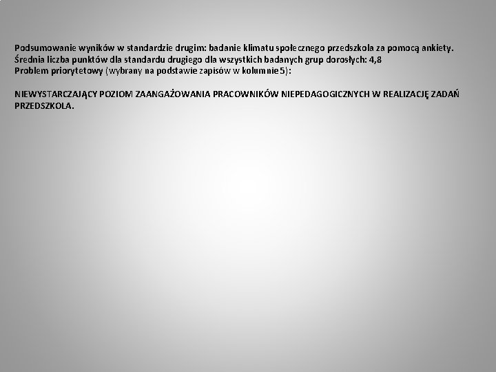 Podsumowanie wyników w standardzie drugim: badanie klimatu społecznego przedszkola za pomocą ankiety. Średnia liczba