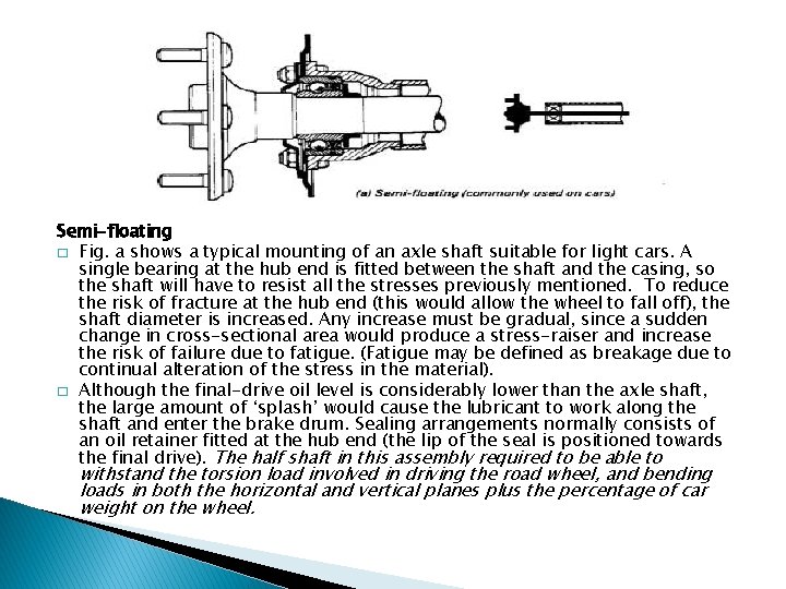 Semi-floating � Fig. a shows a typical mounting of an axle shaft suitable for