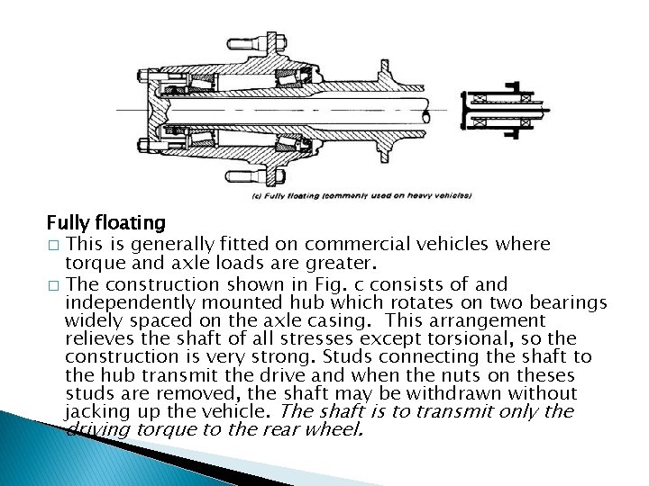 Fully floating � This is generally fitted on commercial vehicles where torque and axle