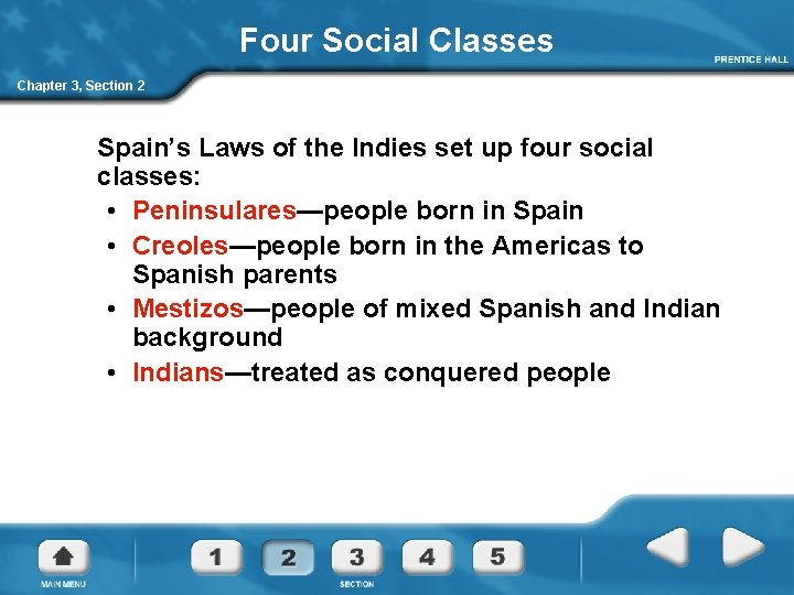 Four Social Classes Chapter 3, Section 2 Spain’s Laws of the Indies set up