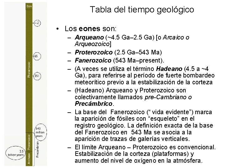 Tabla del tiempo geológico • Los eones son: – Arqueano (~4. 5 Ga– 2.