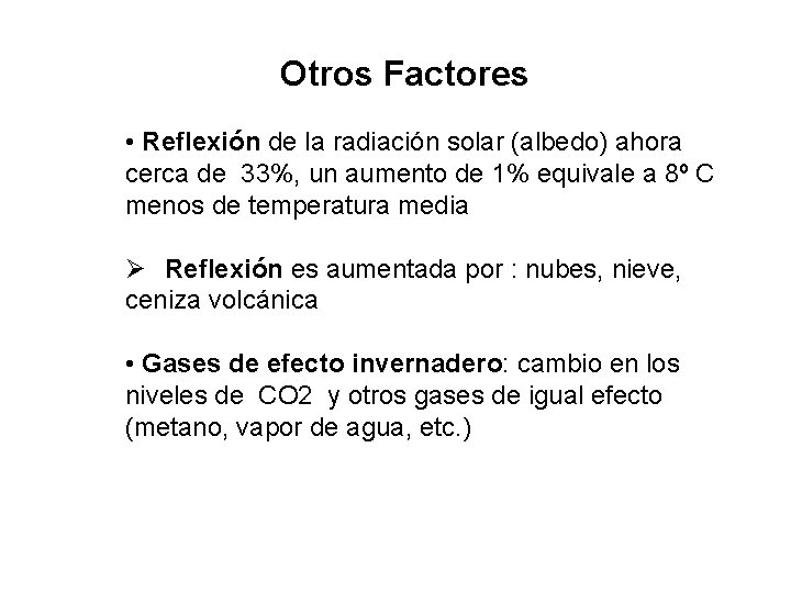 Otros Factores • Reflexión de la radiación solar (albedo) ahora cerca de 33%, un