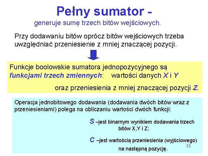 Pełny sumator generuje sumę trzech bitów wejściowych. Przy dodawaniu bitów oprócz bitów wejściowych trzeba Pełny sumator generuje sumę trzech bitów wejściowych. Przy dodawaniu bitów oprócz bitów wejściowych trzeba
