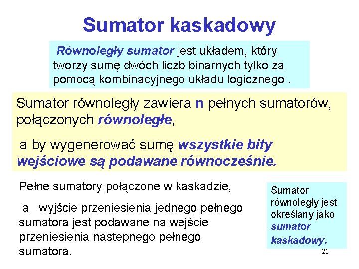 Sumator kaskadowy Równoległy sumator jest układem, który tworzy sumę dwóch liczb binarnych tylko za Sumator kaskadowy Równoległy sumator jest układem, który tworzy sumę dwóch liczb binarnych tylko za