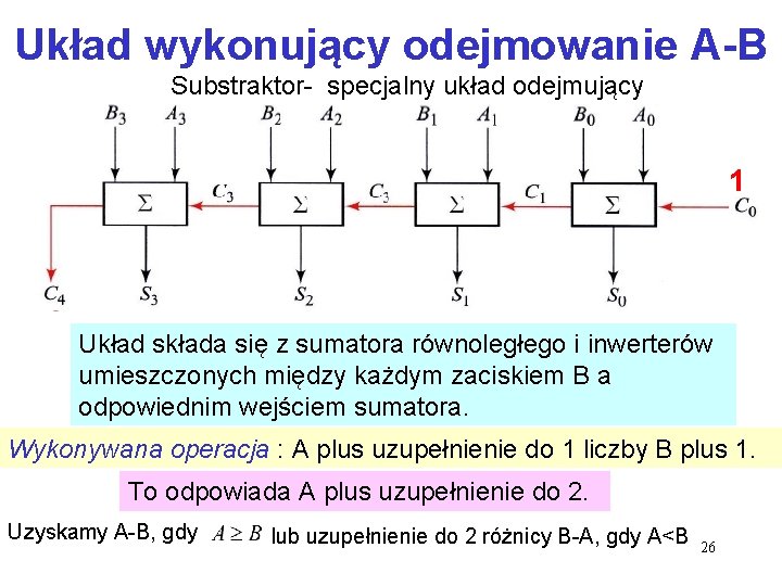 Układ wykonujący odejmowanie A-B Substraktor- specjalny układ odejmujący 1 Układ składa się z sumatora Układ wykonujący odejmowanie A-B Substraktor- specjalny układ odejmujący 1 Układ składa się z sumatora