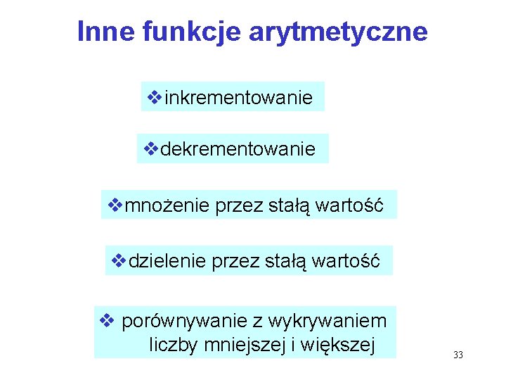 Inne funkcje arytmetyczne vinkrementowanie vdekrementowanie vmnożenie przez stałą wartość vdzielenie przez stałą wartość v Inne funkcje arytmetyczne vinkrementowanie vdekrementowanie vmnożenie przez stałą wartość vdzielenie przez stałą wartość v