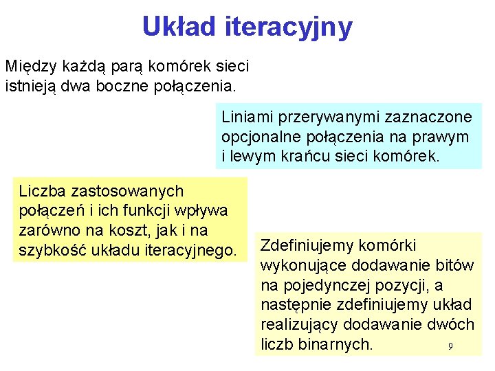 Układ iteracyjny Między każdą parą komórek sieci istnieją dwa boczne połączenia. Liniami przerywanymi zaznaczone Układ iteracyjny Między każdą parą komórek sieci istnieją dwa boczne połączenia. Liniami przerywanymi zaznaczone