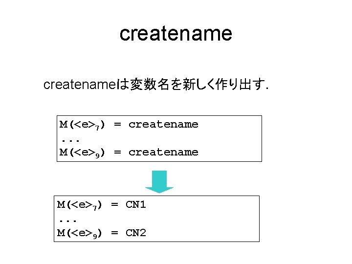 createnameは変数名を新しく作り出す． M(<e>7) = createname. . . M(<e>9) = createname M(<e>7) = CN 1. .