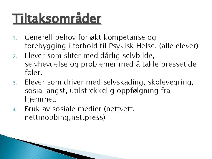 Tiltaksområder 1. 2. 3. 4. Generell behov for økt kompetanse og forebygging i forhold