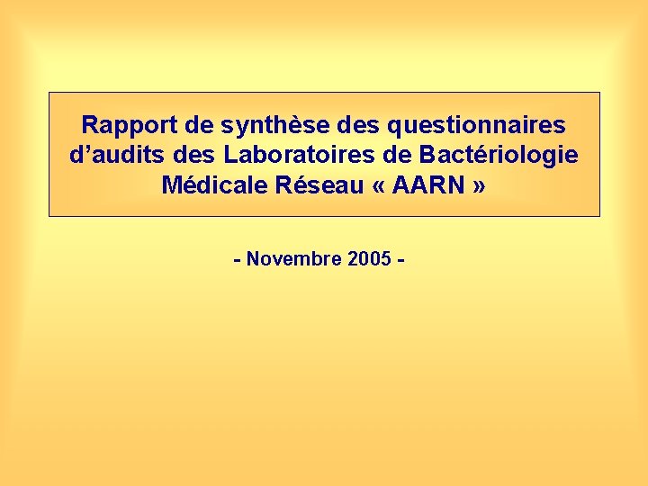 Rapport de synthèse des questionnaires d’audits des Laboratoires de Bactériologie Médicale Réseau « AARN