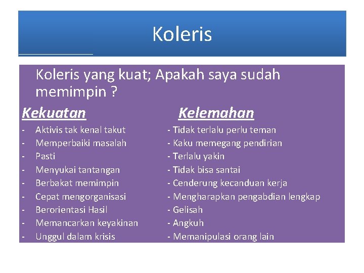 Koleris yang kuat; Apakah saya sudah memimpin ? Kekuatan Kelemahan - Aktivis tak kenal