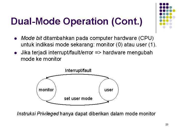 Dual-Mode Operation (Cont. ) l l Mode bit ditambahkan pada computer hardware (CPU) untuk