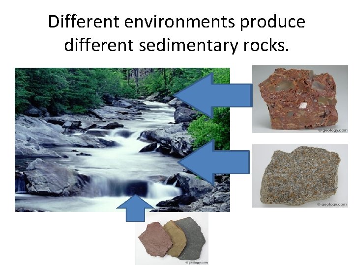 Different environments produce different sedimentary rocks. 