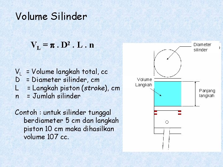 Volume Silinder VL = . D 2. L. n VL D L n =