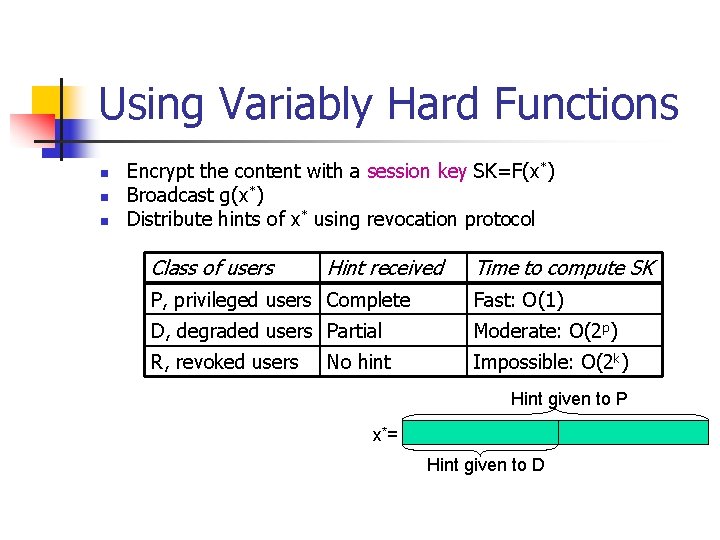 Using Variably Hard Functions n n n Encrypt the content with a session key