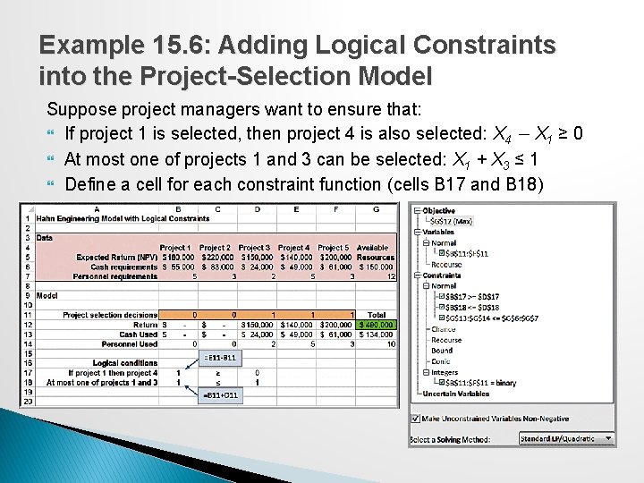 Example 15. 6: Adding Logical Constraints into the Project-Selection Model Suppose project managers want