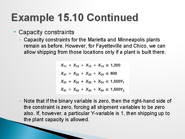 Example 15. 10 Continued Capacity constraints ◦ Capacity constraints for the Marietta and Minneapolis