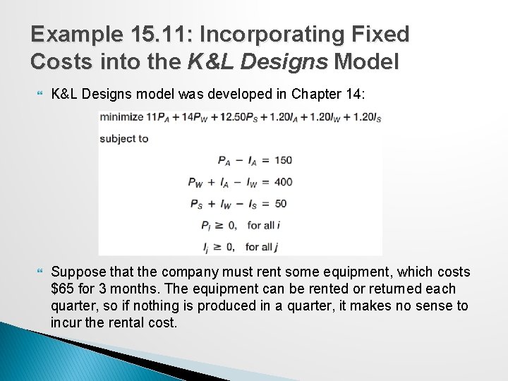 Example 15. 11: Incorporating Fixed Costs into the K&L Designs Model K&L Designs model