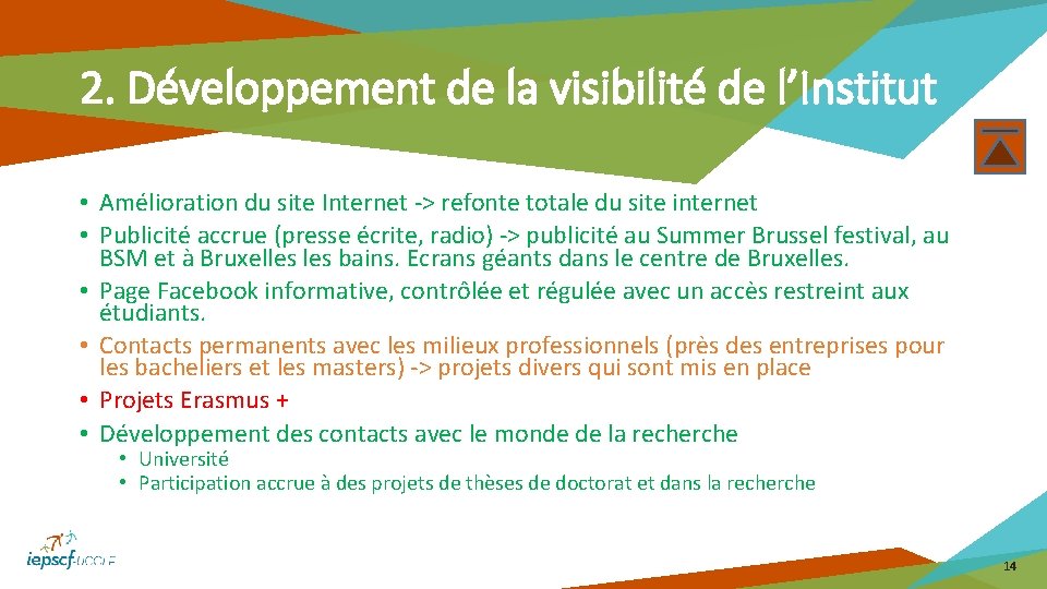 2. Développement de la visibilité de l’Institut • Amélioration du site Internet -> refonte