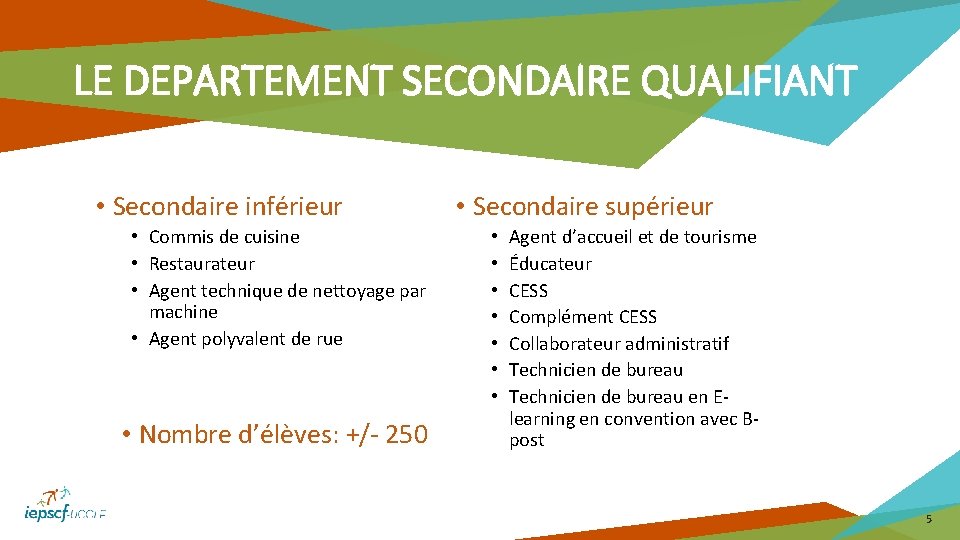 LE DEPARTEMENT SECONDAIRE QUALIFIANT • Secondaire inférieur • Commis de cuisine • Restaurateur •