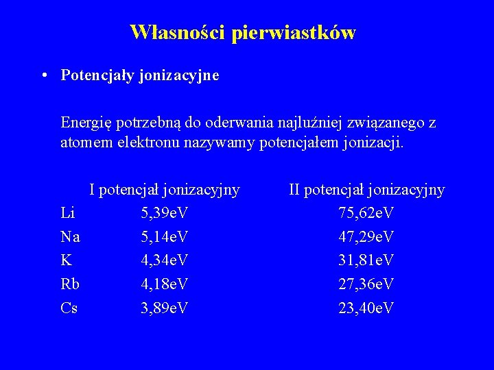 Własności pierwiastków • Potencjały jonizacyjne Energię potrzebną do oderwania najluźniej związanego z atomem elektronu