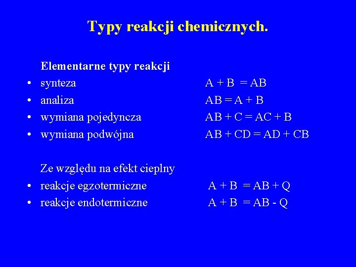 Typy reakcji chemicznych. • • Elementarne typy reakcji synteza analiza wymiana pojedyncza wymiana podwójna