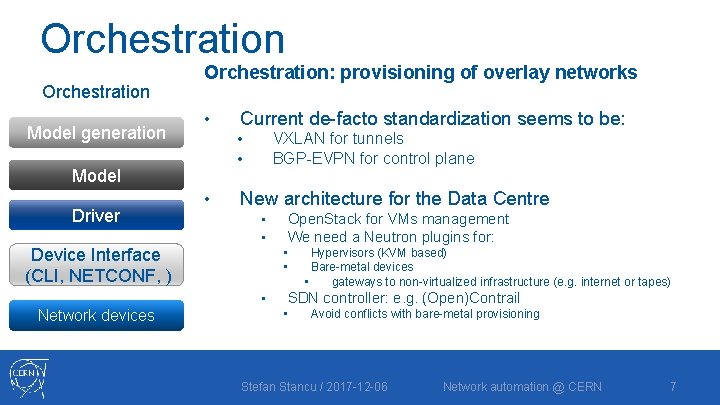 Orchestration Model generation Orchestration: provisioning of overlay networks • Device Interface (CLI, NETCONF, ) Orchestration Model generation Orchestration: provisioning of overlay networks • Device Interface (CLI, NETCONF, )
