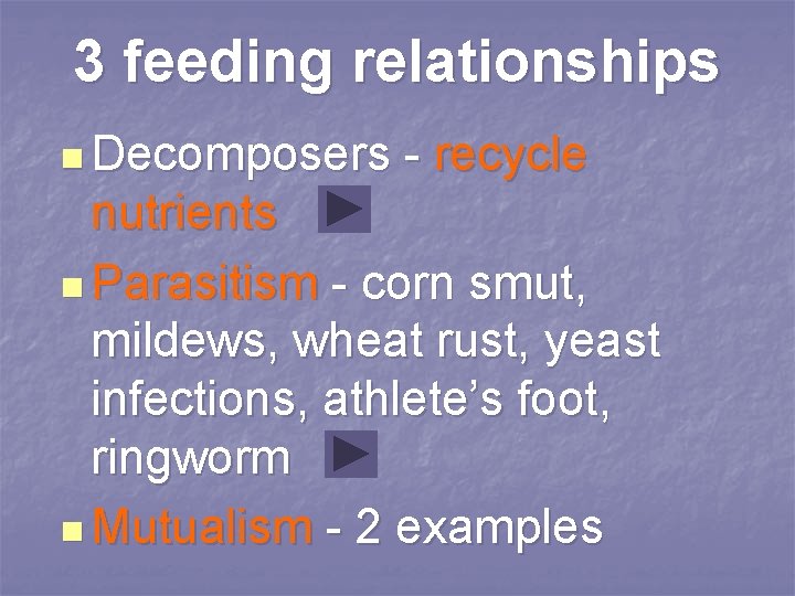 3 feeding relationships n Decomposers - recycle nutrients n Parasitism - corn smut, mildews,