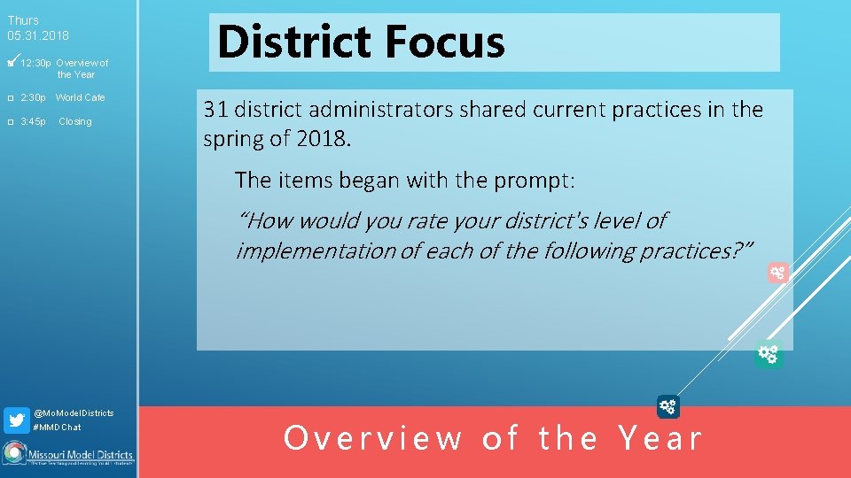 Thurs 05. 31. 2018 □ 12: 30 p Overview of the Year □ 2: