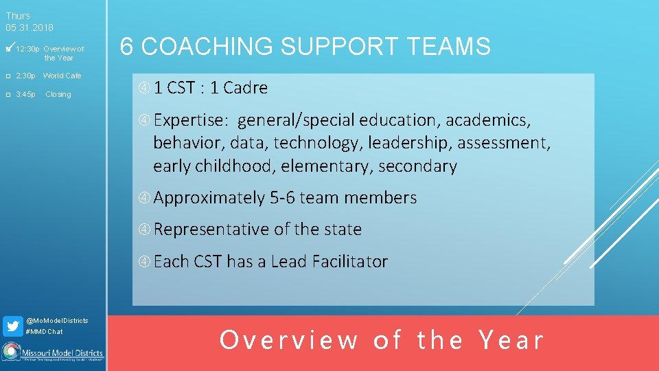 Thurs 05. 31. 2018 □ 12: 30 p Overview of the Year □ 2: