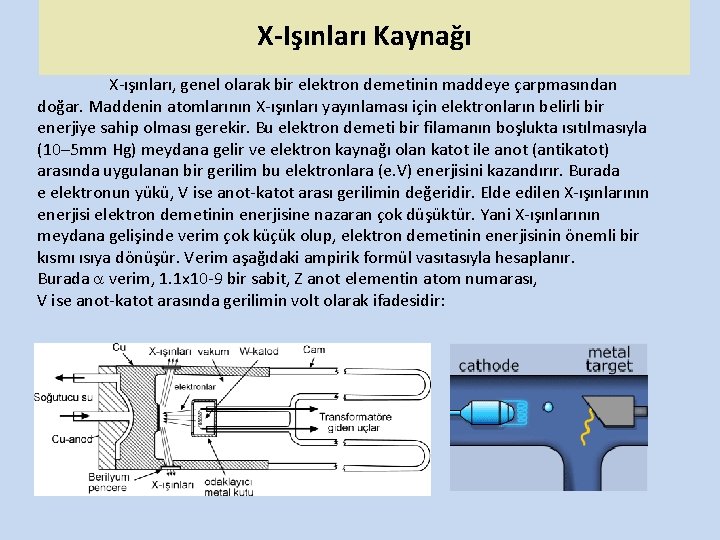 X-Işınları Kaynağı X-ışınları, genel olarak bir elektron demetinin maddeye çarpmasından doğar. Maddenin atomlarının X-ışınları