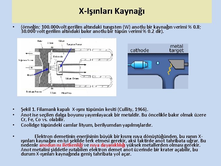 X-Işınları Kaynağı • (örneğin; 100. 000 volt gerilim altındaki tungsten (W) anotlu bir kaynağın