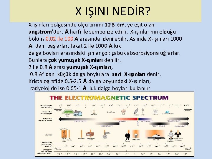 X IŞINI NEDİR? X-ışınları bölgesinde ölçü birimi 10 -8 cm. ye eşit olan angström’dür.