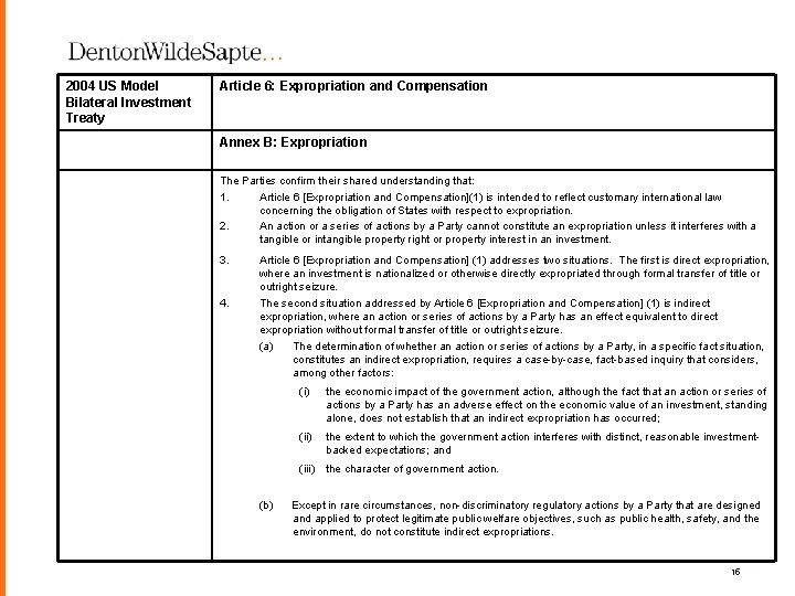 2004 US Model Bilateral Investment Treaty Article 6: Expropriation and Compensation Annex B: Expropriation